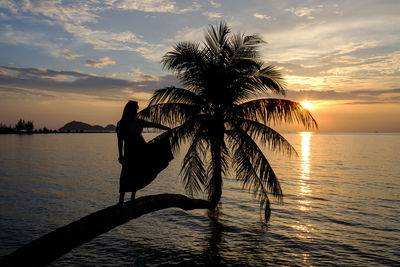 Silhouette woman at beach during sunset