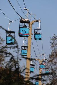 Low angle view of overhead cable cars against clear sky