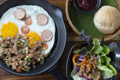 High angle view of breakfast served on table