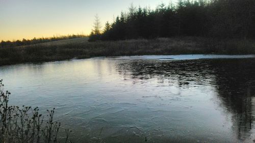 Scenic view of calm lake at sunset