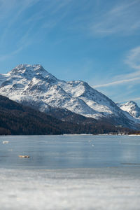 Switzerland, february 21, 2023 panorama with the lake of silvaplana and the mount corvatsch 