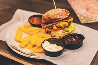 High angle view of breakfast served on table