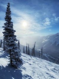 Scenic view of snow covered landscape against sky during sunset