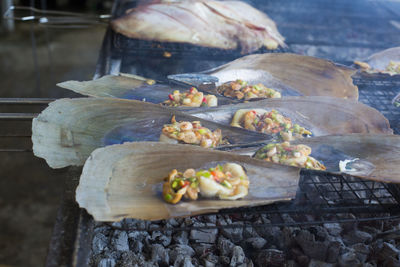 High angle view of seafood on barbecue grill