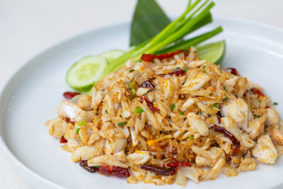 Close-up of noodles served in plate