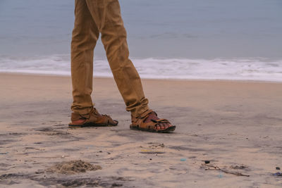 Low section of man standing on beach