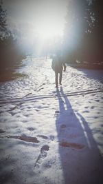 Low section of woman with dog on snow against sky