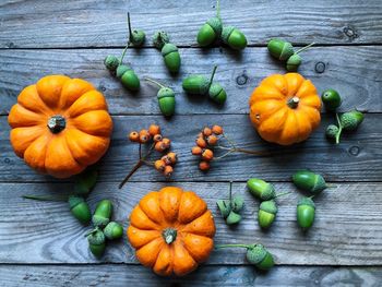 High angle view of pumpkins on table