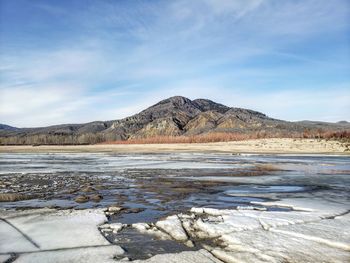 Scenic view of lake against blue sky