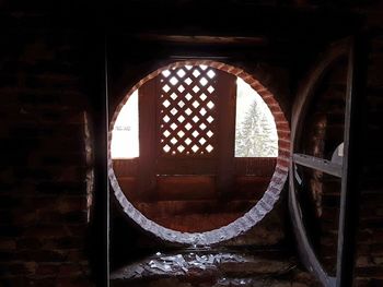 View of building seen through window