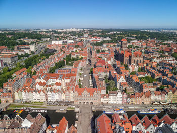High angle view of old town against sky