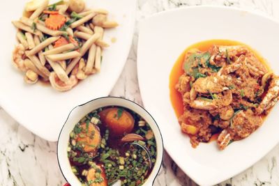 High angle view of meal served on table