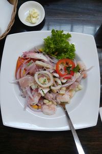 High angle view of food served on table