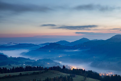 Scenic view of mountains against sky during sunset