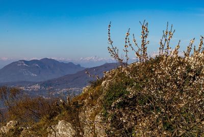 Scenic view of mountains against blue sky
