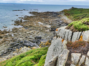 Scenic view of rocks on sea against sky