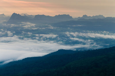 Scenic view of mountains against sky during sunset