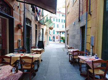 Empty chairs and tables in restaurant