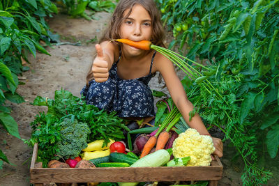 Portrait of cute girl picking vegetables