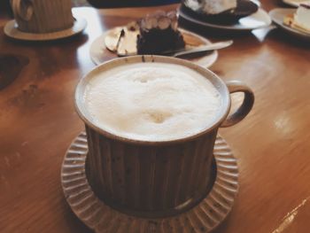 High angle view of coffee cup on table