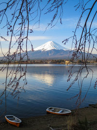 Scenic view of lake by mountains against sky