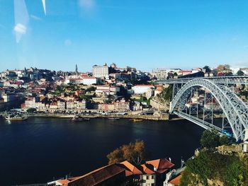 Bridge over river against buildings in city