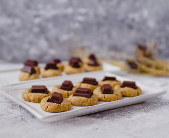 Close-up of cookies in plate on table