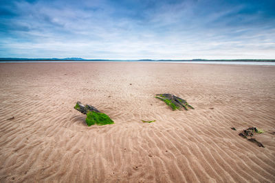 Scenic view of sand on beach against sky