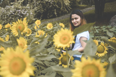 Close-up of young woman with sunflower