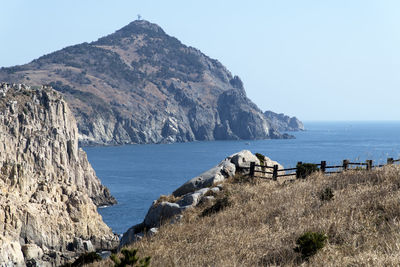 Panoramic view of sea against clear sky