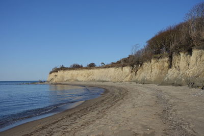 Scenic view of beach against clear blue sky