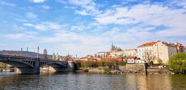 Bridge over river by buildings against sky