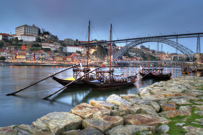 View of suspension bridge over river