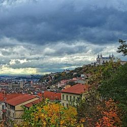 High angle view of town against cloudy sky