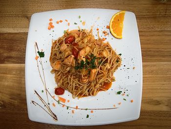 High angle view of food in plate on table