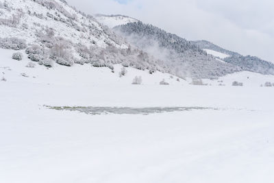 Scenic view of snow covered mountains against sky