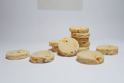 Close-up of cookies against white background