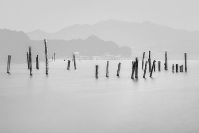 Wooden posts in lake against sky