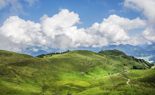 Scenic view of green landscape against sky