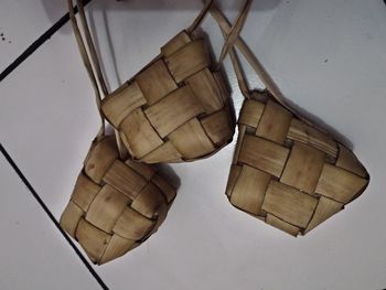 High angle view of umbrellas on wooden floor