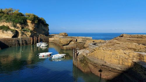 Scenic view of sea against clear blue sky