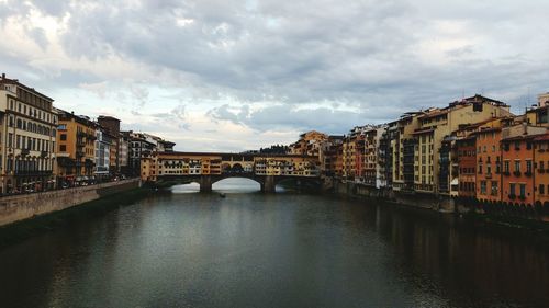 Bridge over river with buildings in background