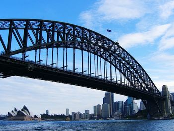 Sydney harbour bridge over river against sky