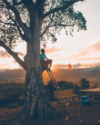 Man sitting on tree trunk against sky during sunset