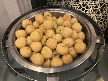 High angle view of eggs in container