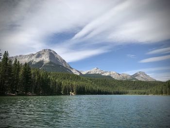 Scenic view of lake and mountains against sky