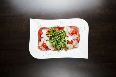 High angle view of meal served on table