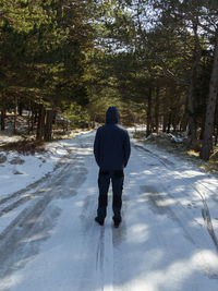 Rear view of man walking on snow covered land