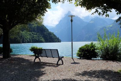 Scenic view of lake by trees against sky