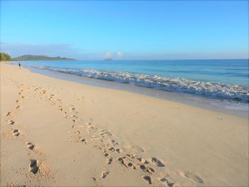 Scenic view of beach against blue sky